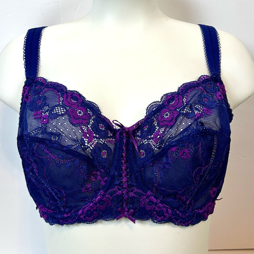 New Vanity Fair Blue and Purple Lace Underwire Balconette Unlined Bra 36DD